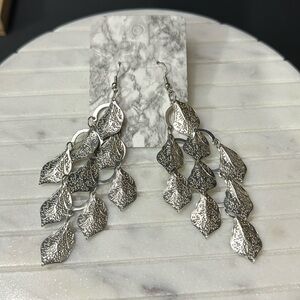 Silver tone Leaf Tiered Dangle Earrings 4" Shiny Shimer Formal